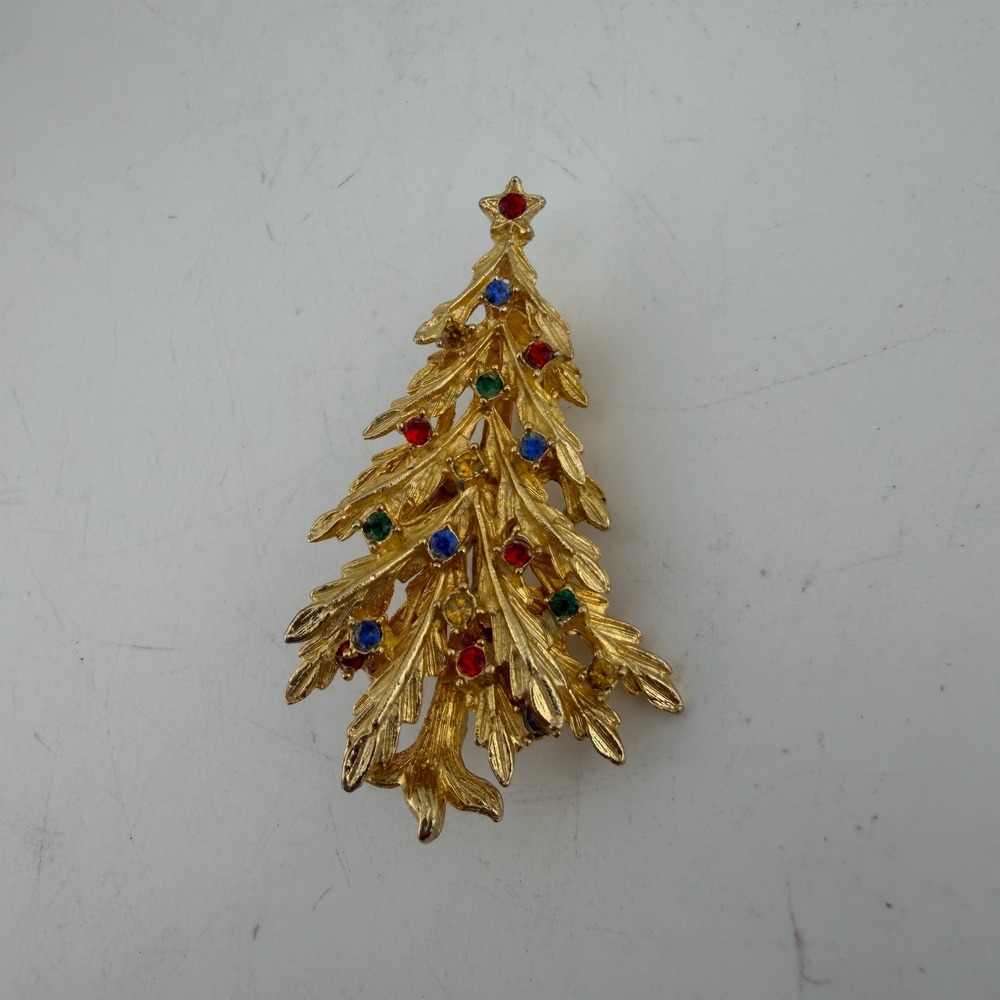 Gold Tone Christmas Tree Rhinestone Holiday Brooch Pin